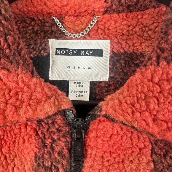 Noisy May Womens Full-Zip Sherpa Buffalo Plaid Orange/Black Trucker Jacket XS - Picture 8 of 11